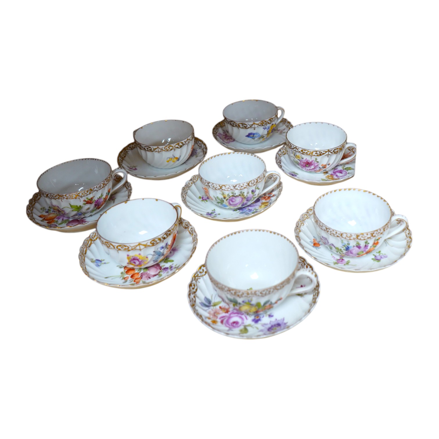 A Dresden floral decorated part tea set. Condition - fair